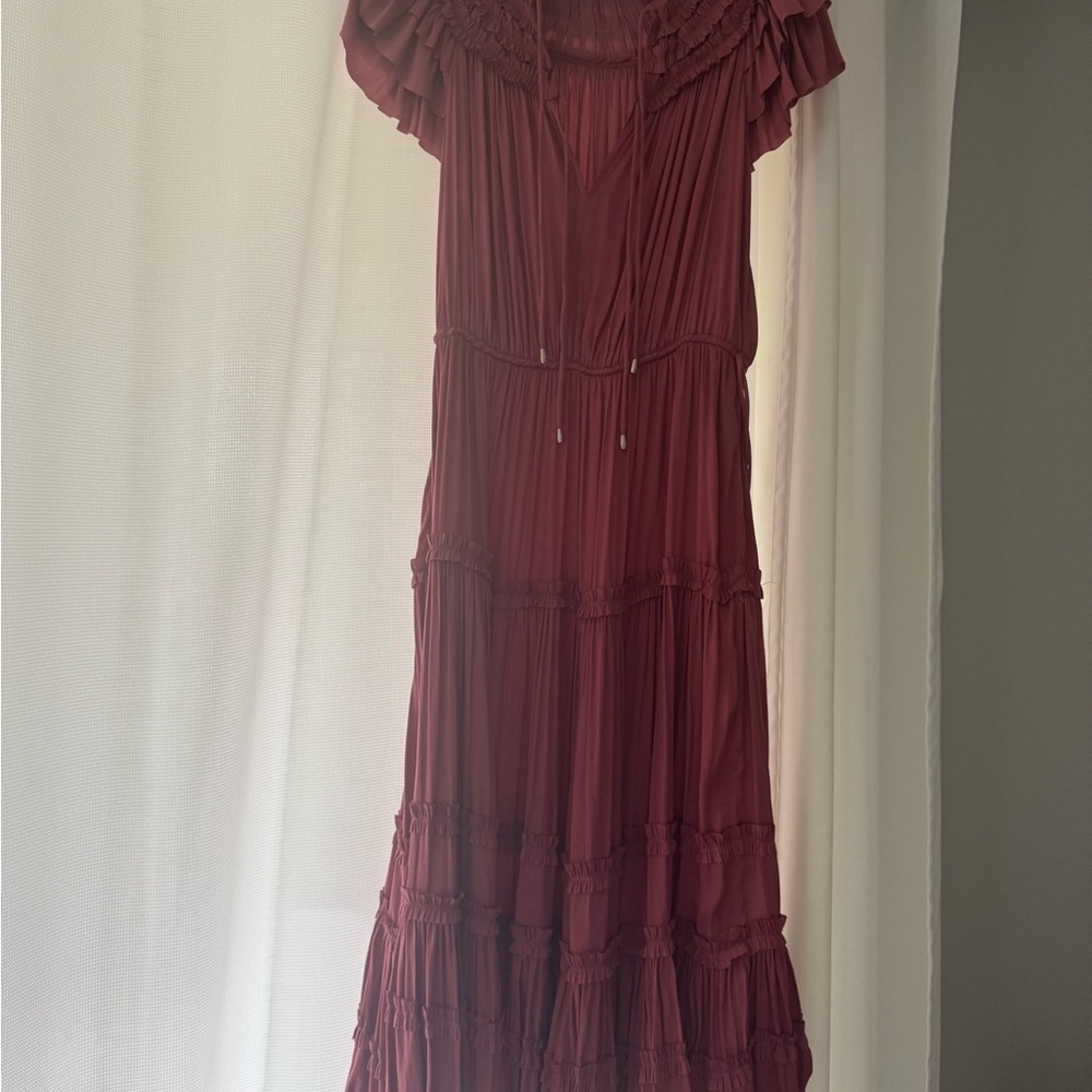 Ellen Tracy Burgundy Tiered Ruffle Maxi Dress